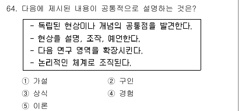 청소년상담사_1급(1교시)(구) 2015년 64번 - 정답은 5번 "이론"이다. 이론은 주어진 현상이나 개념을 구조적으로 설명... 에 관한 핵심 기출문제