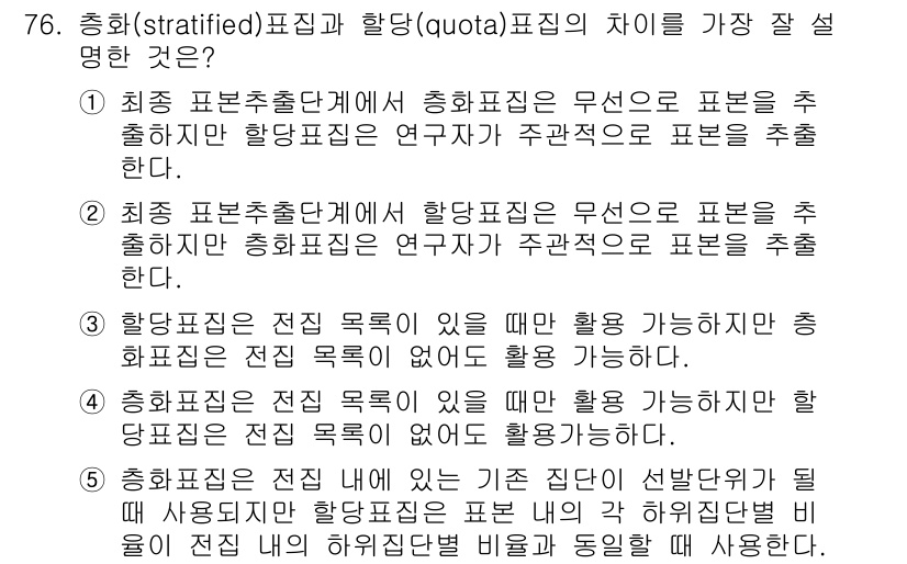 청소년상담사_1급(1교시)(구) 2015년 76번 - 총화표집(stratified sampling)과 할당표집(quota sa... 에 관한 핵심 기출문제