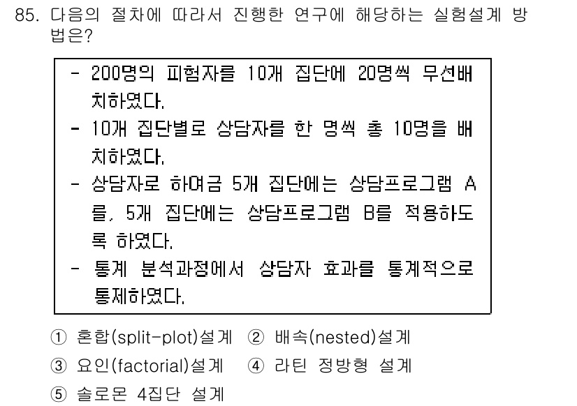 청소년상담사_1급(1교시)(구) 2015년 85번 - 이 방법은 피험자를 적절히 집단화하여 여러 변인의 효과를 동시에 분석할 ... 에 관한 핵심 기출문제