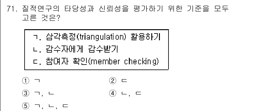 청소년상담사_1급(1교시) 2015년 71번 - 정답 5번은 질적 연구에서 신뢰성과 타당성을 확보하기 위한 다양한 방법을... 에 관한 핵심 기출문제