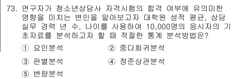 청소년상담사_1급(1교시) 2015년 73번 - 해당 문제는 연구자가 특정 집단의 기초자료를 분석할 때 가장 적합한 방법... 에 관한 핵심 기출문제