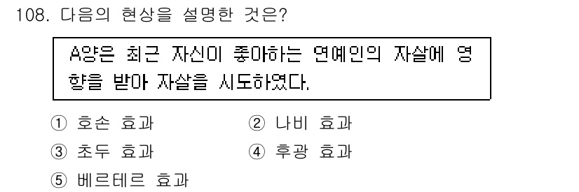 청소년상담사_1급(2교시)(구) 2015년 108번 - 문제에서 설명하는 현상은 A가 자신의 선호하는 연예인의 자살에 영향을 받... 에 관한 핵심 기출문제