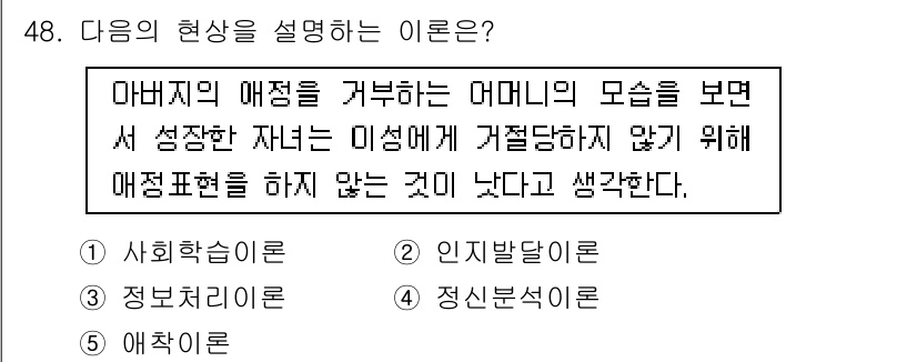 청소년상담사_1급(2교시)(구) 2015년 48번 - . 사회화슬기

이유: 아버지의 애정을 거부하는 자녀의 행동은 사회화 과... 에 관한 핵심 기출문제