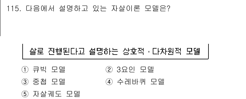 청소년상담사_1급(2교시) 2015년 115번 - 정답은 5번 자살도 모델입니다. 이 모델은 자살을 예방하기 위한 상호작용... 에 관한 핵심 기출문제