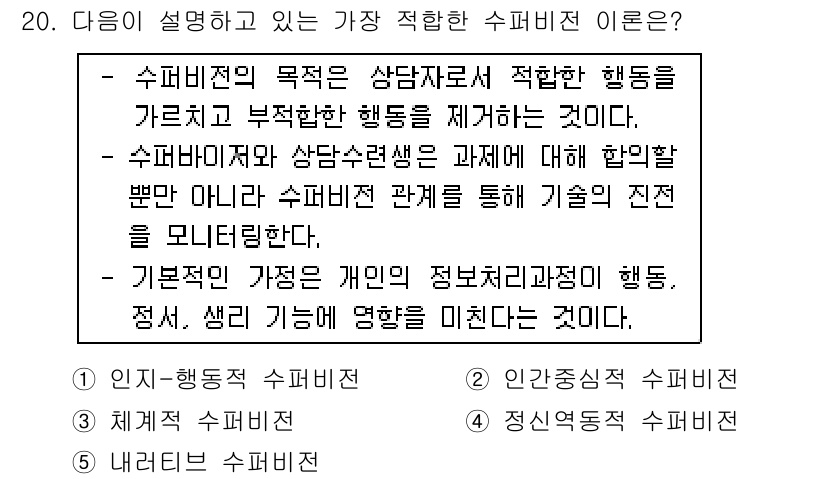 청소년상담사_1급(1교시)(구) 2016년 20번 - 수퍼비전은 상담자가 가진 정보와 행동을 조망하고 부적절한 행동을 수정하는... 에 관한 핵심 기출문제