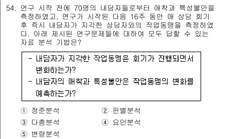 청소년상담사_1급(1교시)(구) 2016년 54번 - 정답 3번은 내담자의 기결정 행동이 회귀가 진행될 때 특성 변화를 분석하... 에 관한 핵심 기출문제