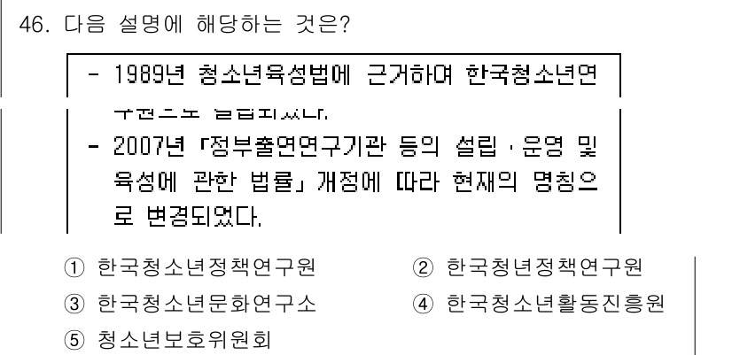 청소년상담사_1급(1교시) 2016년 46번 - 번

해설: 1989년 청소년육성법 제정 이후 한국청소년연구원이 설립되었... 에 관한 핵심 기출문제