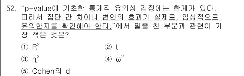 청소년상담사_1급(1교시) 2016년 52번 - p-value는 통계적 유의성을 판단하는 데 사용되며, 집단 간 차이를 ... 에 관한 핵심 기출문제
