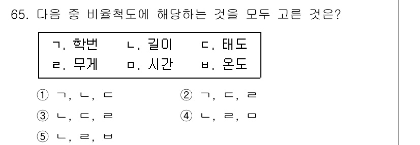 청소년상담사_1급(1교시) 2016년 65번 - 정답은 4번(나, 리, 도)입니다. 비율척도는 절대 영점이 있으며, 산술... 에 관한 핵심 기출문제