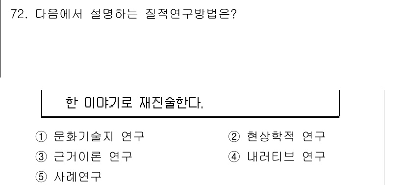 청소년상담사_1급(1교시) 2017년 72번 - 정답인 4번은 내러티브 연구로, 개인의 경험이나 이야기를 중심으로 연구하... 에 관한 핵심 기출문제