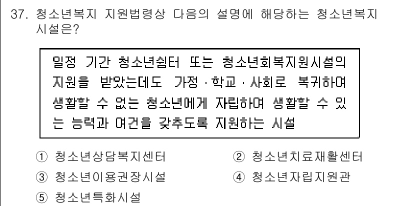 청소년상담사_1급(1교시)(구) 2018년 37번 - 청소년복지시설은 일정 기간 동안 청소년에게 안정적인 생활환경을 제공하며,... 에 관한 핵심 기출문제