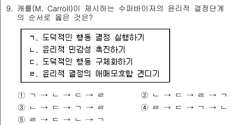 청소년상담사_1급(1교시)(구) 2018년 9번 - 이 순서는 윤리적 결정의 구체화 단계를 제시하며, 윤리적 행동을 실천하기... 에 관한 핵심 기출문제