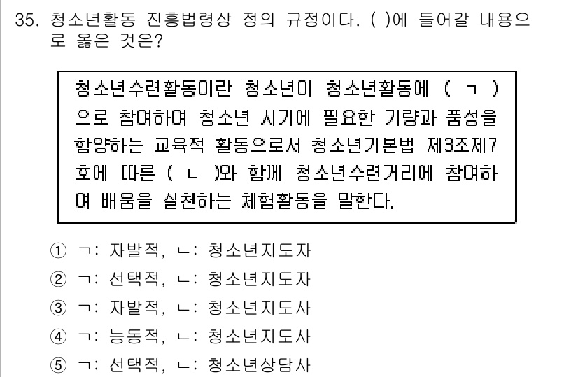 청소년상담사_1급(1교시) 2018년 35번 - 청소년활동 진흥법상 청소년활동은 청소년이 자발적으로 참여하여 다양한 경험... 에 관한 핵심 기출문제