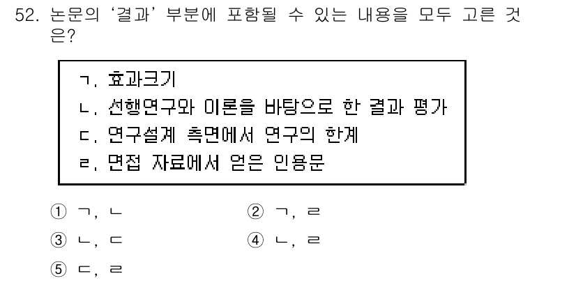 청소년상담사_1급(1교시) 2018년 52번 - 논문의 '결과' 부분에는 연구의 주요 발견 및 실험 결과가 포함되어야 합... 에 관한 핵심 기출문제