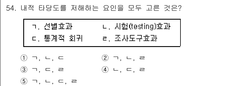 청소년상담사_1급(1교시)(구) 2019년 54번 - 내적 타당도를 저해하는 요인은 연구 결과의 신뢰성과 유효성에 영향을 미칩... 에 관한 핵심 기출문제