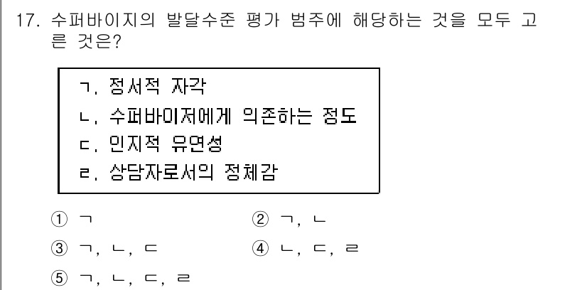 청소년상담사_1급(1교시) 2019년 17번 - 슈퍼바이저의 평가 기준은 정서적 자각과 슈퍼바이저에게 일치하는 정도로, ... 에 관한 핵심 기출문제