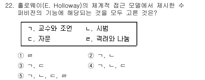 청소년상담사_1급(1교시) 2019년 22번 - 정답 5번 '교수와 조언, 상담, 자원, 격려와 나눔'은 홀로웨이의 체계... 에 관한 핵심 기출문제