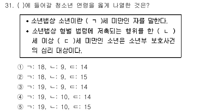 청소년상담사_1급(1교시) 2019년 31번 - 정답 4번이 맞는 이유는 ‘청소년상담’에서 미만 연령의 아동은 청소년으로... 에 관한 핵심 기출문제
