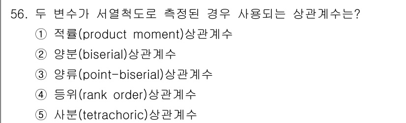 청소년상담사_1급(1교시) 2019년 56번 - . 

양류(point-biserial) 상관계수는 두 변수 중 하나가 ... 에 관한 핵심 기출문제