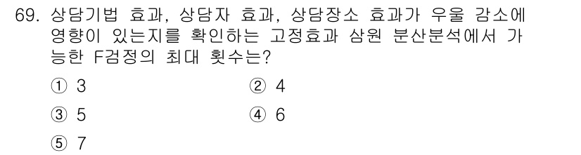 청소년상담사_1급(1교시) 2019년 69번 - 상담 기법의 효과, 상담자 효과, 상담장소 효과가 우울 감소에 미치는 영... 에 관한 핵심 기출문제