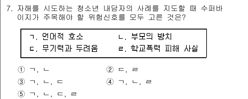 청소년상담사_1급(1교시) 2019년 7번 - 청소년의 상황을 평가할 때, 두려움이나 위험 신호는 그들의 행동과 감정에... 에 관한 핵심 기출문제