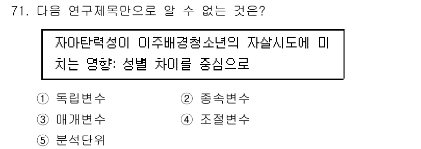 청소년상담사_1급(1교시) 2019년 71번 - 정답은 3번 '조정변수'입니다. 자아탄력성이 청소년의 자살 시도에 미치는... 에 관한 핵심 기출문제
