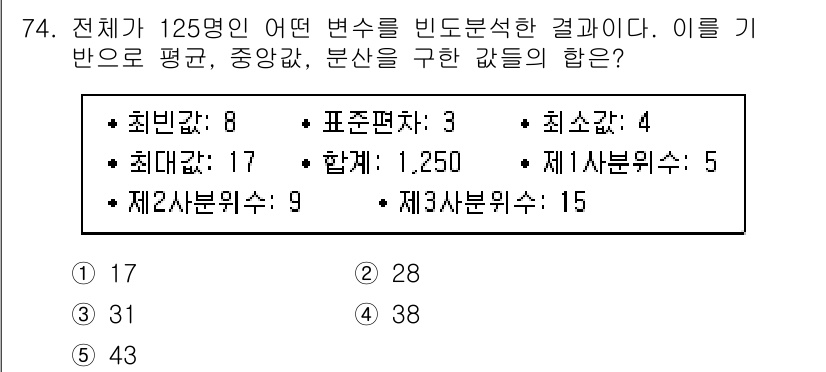 청소년상담사_1급(1교시) 2019년 74번 - 주어진 데이터에서 평균, 중앙값, 분산의 값을 구하기 위해서는 각 수치를... 에 관한 핵심 기출문제