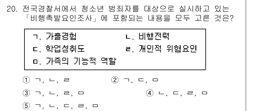 청소년상담사_1급(2교시)(구) 2016년 20번 - '비행촉발요인조사'는 청소년의 비행 원인을 분석하기 위한 항목으로, 가출... 에 관한 핵심 기출문제