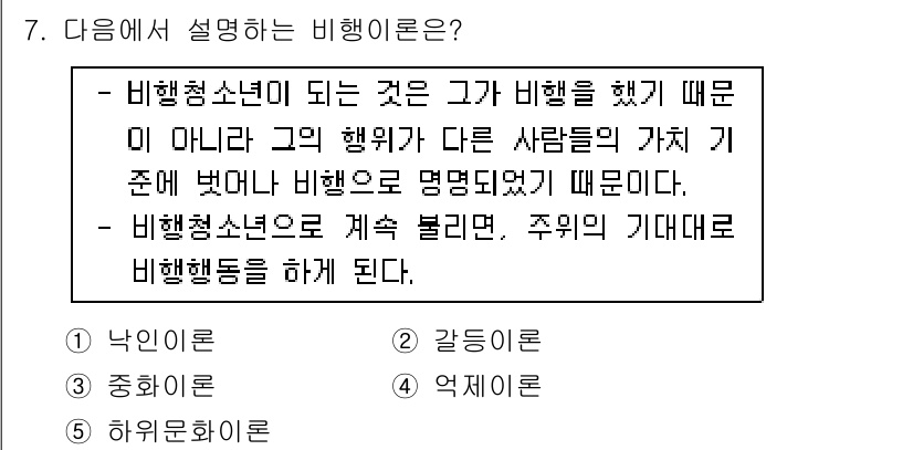 청소년상담사_1급(2교시)(구) 2016년 7번 - 비행청소년의 행동은 그 개인의 의도보다는 주변의 가치 기준에 의해 영향을... 에 관한 핵심 기출문제