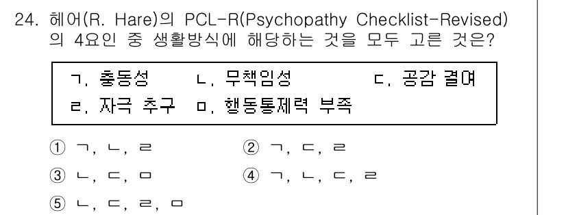 청소년상담사_1급(2교시) 2016년 24번 - Hare의 PCL-R의 4요소는 충동성, 무책임성, 자극 추구, 행동통제... 에 관한 핵심 기출문제