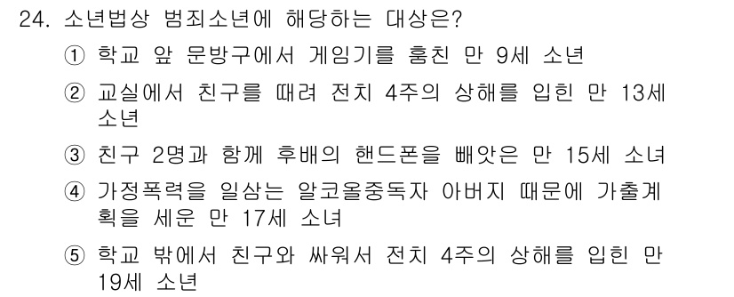 청소년상담사_1급(2교시)(구) 2017년 24번 - 소년범상 범죄소년에 해당하는 대상은 3번입니다. 친구 2명과 함께 후배의... 에 관한 핵심 기출문제