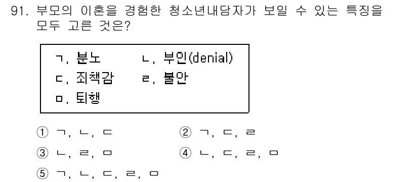 청소년상담사_1급(2교시)(구) 2017년 91번 - 정답 5번의 특징은 청소년의 정서적 문제를 이해하는 데 중요한 요소들로 ... 에 관한 핵심 기출문제