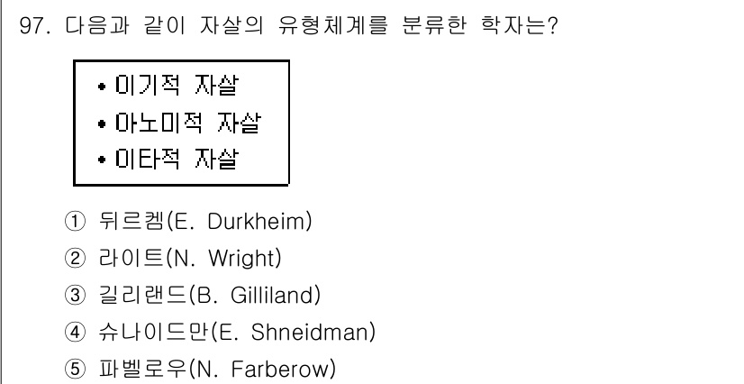 청소년상담사_1급(2교시)(구) 2017년 97번 - ) 뒤르켐 (E. Durkheim)

뒤르켐은 사회학적 관점에서 자살을 ... 에 관한 핵심 기출문제