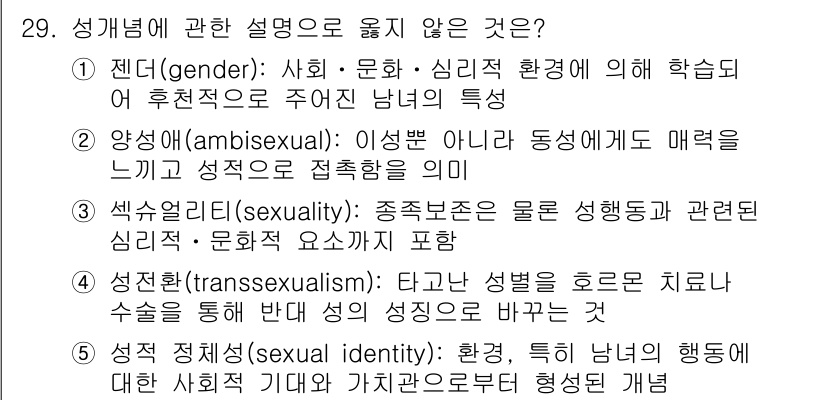 청소년상담사_1급(2교시) 2017년 29번 - 성적 지향은 개인의 행동이나 감정과 관련된 측면으로, 성별과는 직접적으로... 에 관한 핵심 기출문제