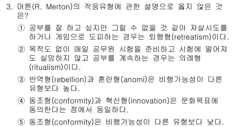 청소년상담사_1급(2교시) 2017년 3번 - 3번 문항에서 "의례형(ritualism)"은 목표를 포기하면서 규범을 ... 에 관한 핵심 기출문제