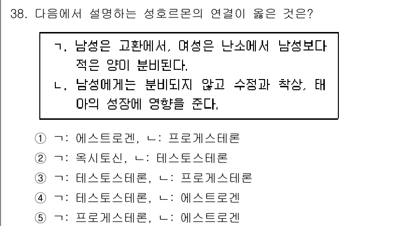 청소년상담사_1급(2교시) 2017년 38번 - . 

남성은 고환에서, 여성은 난소에서 남성호르몬과 여성호르몬이 분비되... 에 관한 핵심 기출문제