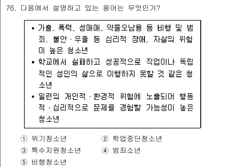 청소년상담사_1급(2교시) 2017년 76번 - 위기 청소년은 가정에서의 폭력, 심리적 문제 등으로 인해 자살 위험이 높... 에 관한 핵심 기출문제