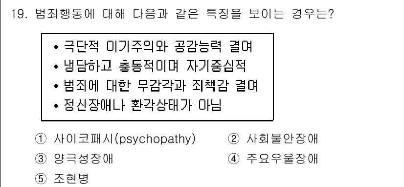 청소년상담사_1급(2교시)(구) 2018년 19번 - . 극단적 이기주의와 공간능력 결여는 범죄행동의 주요 특징이다. 이기주의... 에 관한 핵심 기출문제