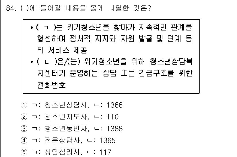 청소년상담사_1급(2교시)(구) 2018년 84번 - 정답이 3번인 이유는 청소년 상담사 도구와 관련된 내용을 다루고 있으며,... 에 관한 핵심 기출문제