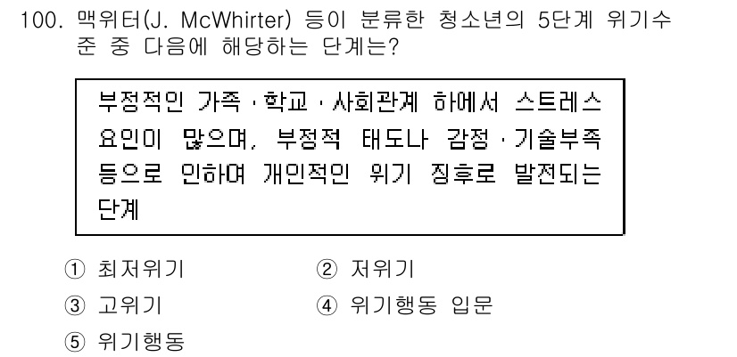 청소년상담사_1급(2교시) 2018년 100번 - 정답은 3번 "위기 행동 임용"입니다. 맥위터의 5단계 위기 모델에서는 ... 에 관한 핵심 기출문제