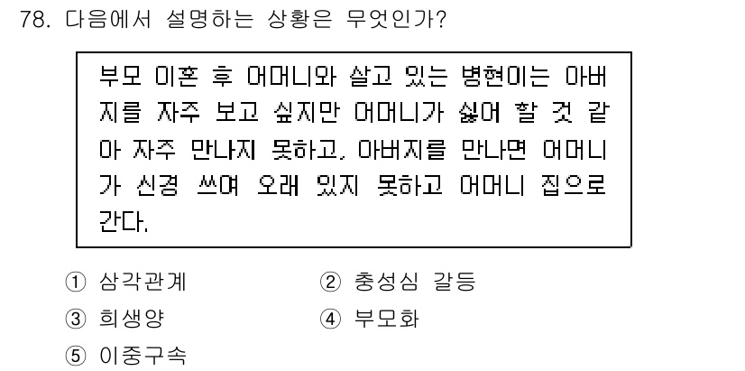 청소년상담사_1급(2교시) 2018년 78번 - 정답은 2번 "충성심 갈등"입니다. 이 상황은 부모 이혼으로 인해 자녀가... 에 관한 핵심 기출문제