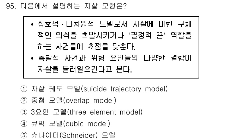 청소년상담사_1급(2교시) 2019년 95번 - 정답은 1번 자살 궤도 모델(suicide trajectory model... 에 관한 핵심 기출문제