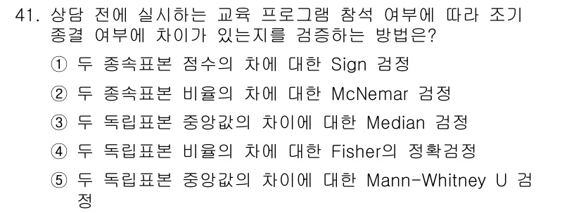청소년상담사_2급(1교시)(구) 2015년 41번 - . 독립표본 중앙값의 차이에 대한 Mann-Whitney U 검정은 두 ... 에 관한 핵심 기출문제