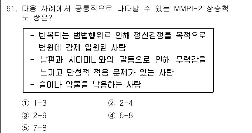 청소년상담사_2급(1교시)(구) 2015년 61번 - MMPI-2는 주로 비정상적인 심리적 상태를 평가하기 위해 설계되었으며,... 에 관한 핵심 기출문제