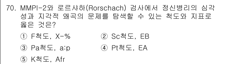 청소년상담사_2급(1교시)(구) 2015년 70번 - 정답은 1번 F 척도, X-%. F 척도는 심리적 불안정성과 정서적 고통... 에 관한 핵심 기출문제