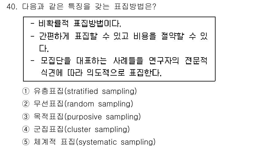 청소년상담사_2급(1교시) 2015년 40번 - 정답은 3번 '목적표집(purposive sampling)'입니다. 목적... 에 관한 핵심 기출문제