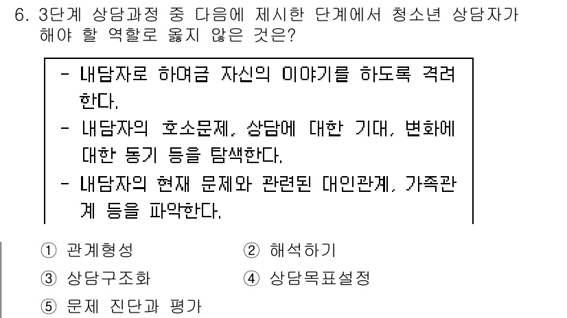 청소년상담사_2급(1교시) 2015년 6번 - 정답 2번은 청소년 상담자가 내담자의 이마를 하도 적절하게 다룰 필요는 ... 에 관한 핵심 기출문제