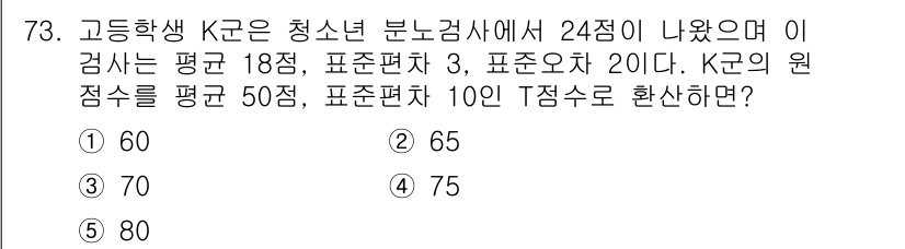 청소년상담사_2급(1교시) 2015년 73번 - K군의 원점수는 50점이고, 표준편차는 10점입니다. 이 때, K군의 점... 에 관한 핵심 기출문제