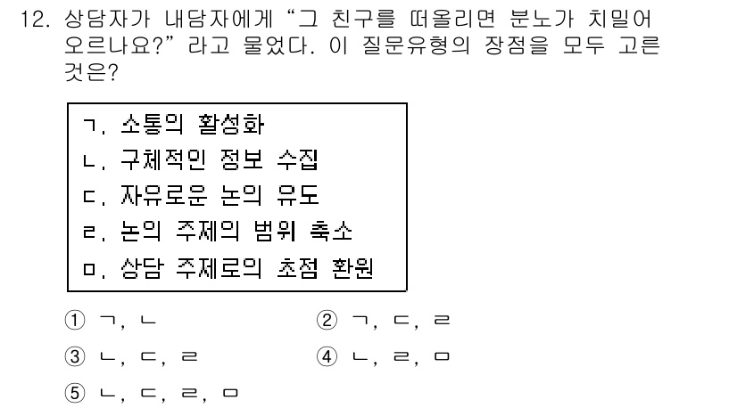 청소년상담사_2급(1교시)(구) 2016년 12번 - . 상담 주제의 초점 환원이 선택된 이유는 질문이 특정 주제에 대한 집중... 에 관한 핵심 기출문제