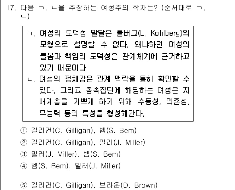 청소년상담사_2급(1교시)(구) 2016년 17번 - 길리건은 여성의 도덕적 발달을 관계 중심으로 설명하며, 여성들은 종종 관... 에 관한 핵심 기출문제